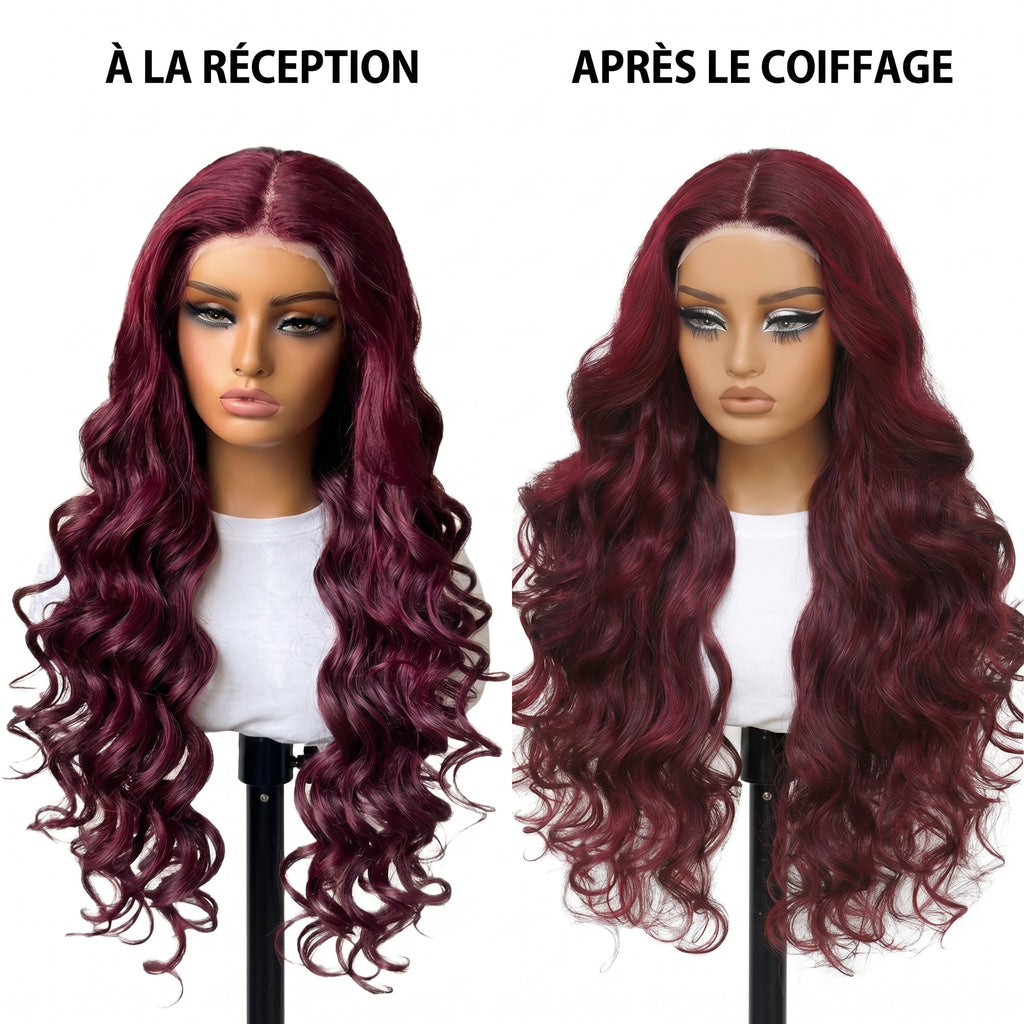 Perruque Loose Deep Bordeaux Ondulée 28 pouce. 13x5x1 lace front - Perruque ondulé longue de luxe résistante à la chaleur pour un style glamour
