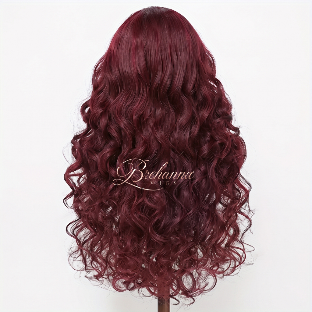 Perruque Loose Deep Bordeaux Ondulée 28 pouce. 13x5x1 lace front - Perruque ondulé longue de luxe résistante à la chaleur pour un style glamour