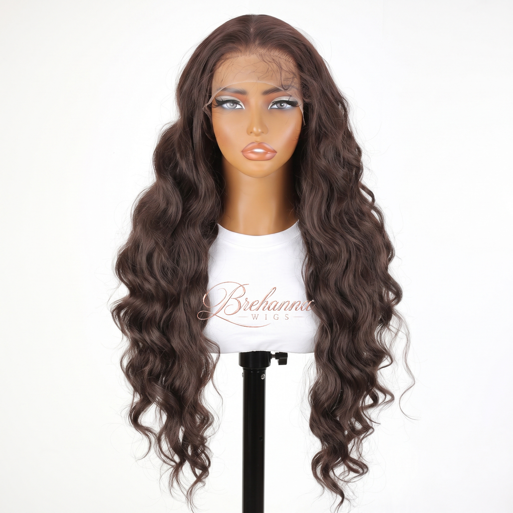 Princesse Wavy chocolat 32 pouce. 13x6 HD lace - Perruque ondulé longue de luxe résistante à la chaleur pour un style glamour